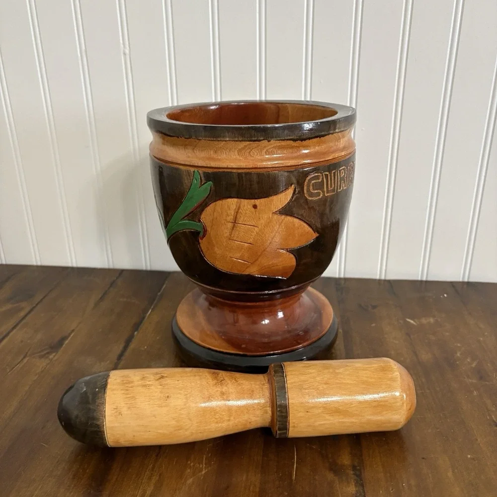 Vtg Hand Carved Wood Pilón Mortar & Pestle Set Curaçao Floral Folk Art Travel
